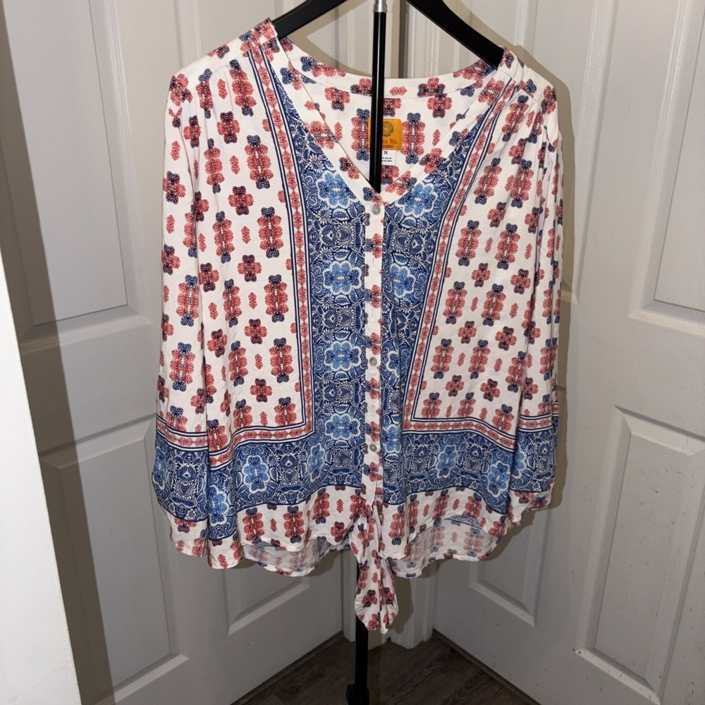 Ruby Red Button-Front Tie Blouse 1X Boho Floral Peasant Airy Eclectic Ditsy EUC